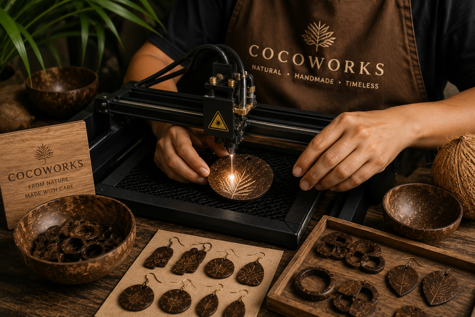 Artisan crafting coconut jewelry by hand