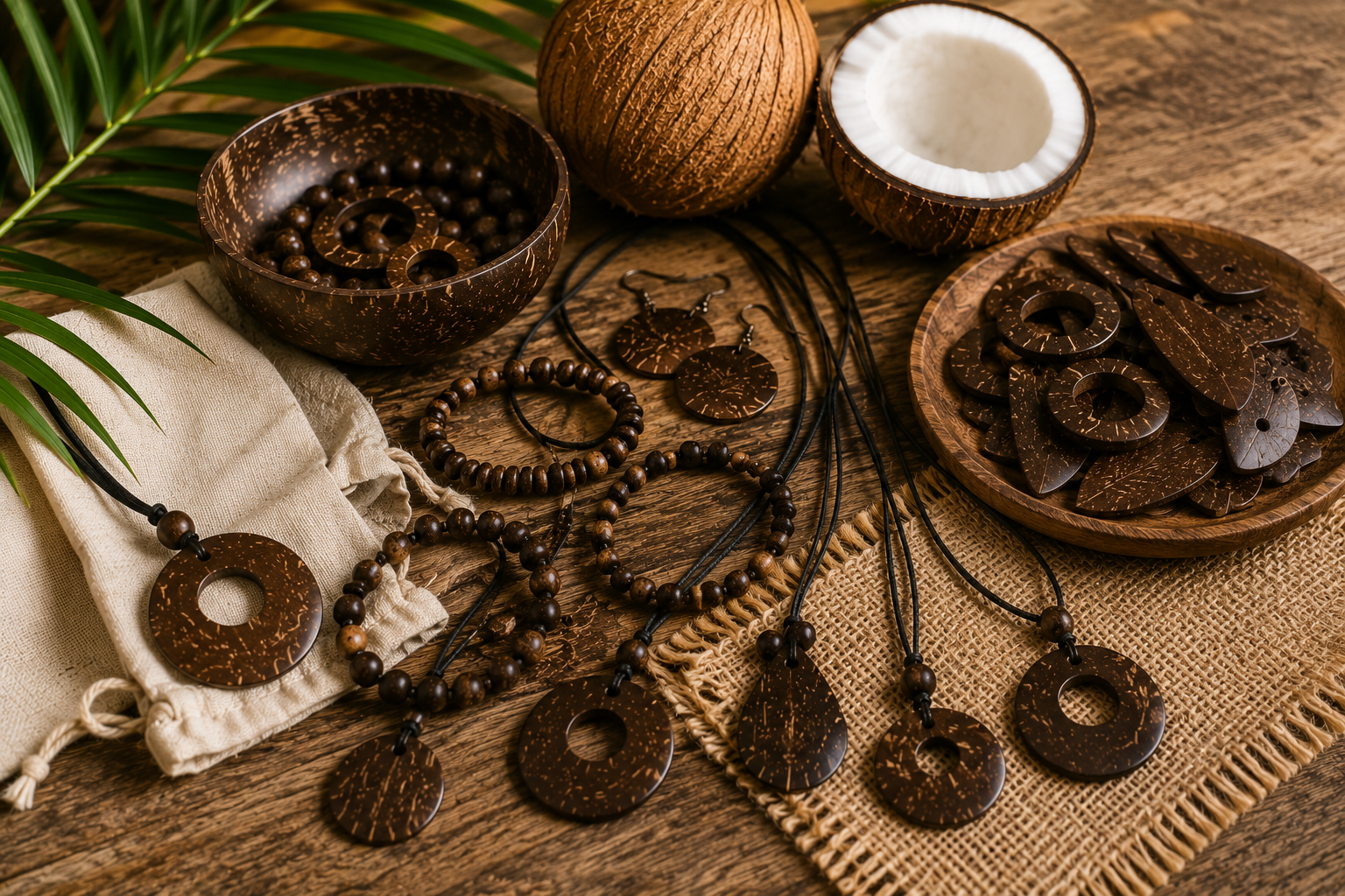 Coconut jewelry displayed in premium packaging